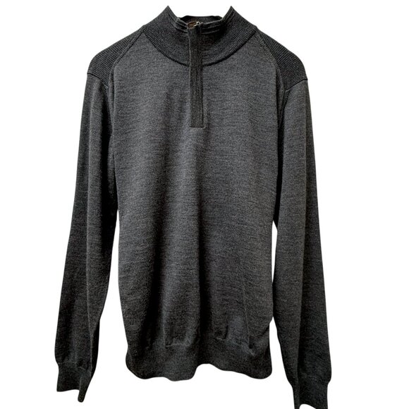 BEAU BRUMMEL Mens Wool Sweater S/m Italian Merino Gray 1/4 Zip Brown Suede - Picture 1 of 11